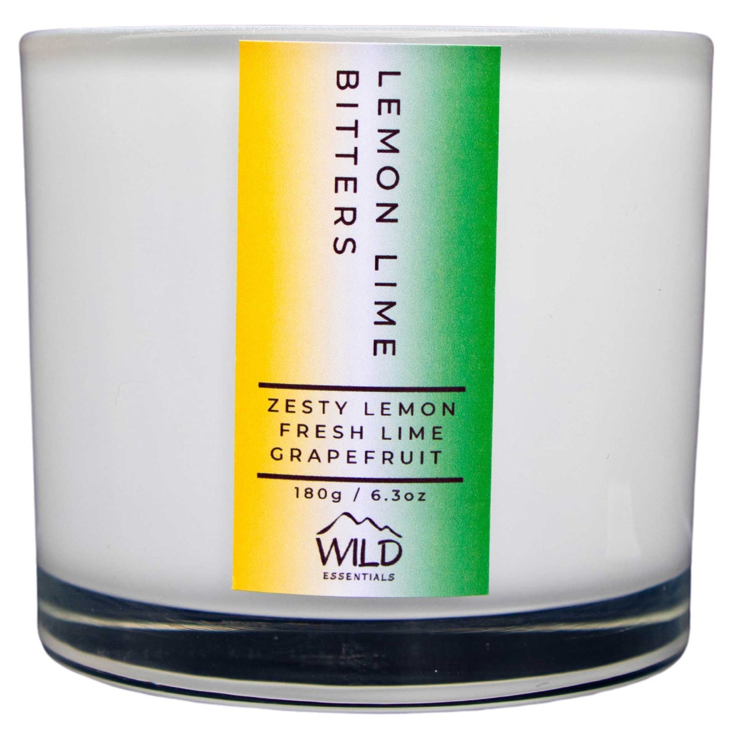 Photograph of the Luxurious Lemon Lime Bitters Aromatherapy Candle by Wild Essentials with scents of Zesty Lemon, Fresh Lime, and Grapefruit.