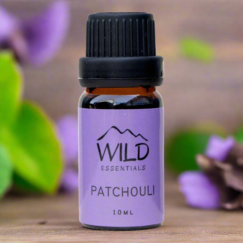 Photo of a 10ml bottle of Patchouli Essential Oil from Wild Essentials