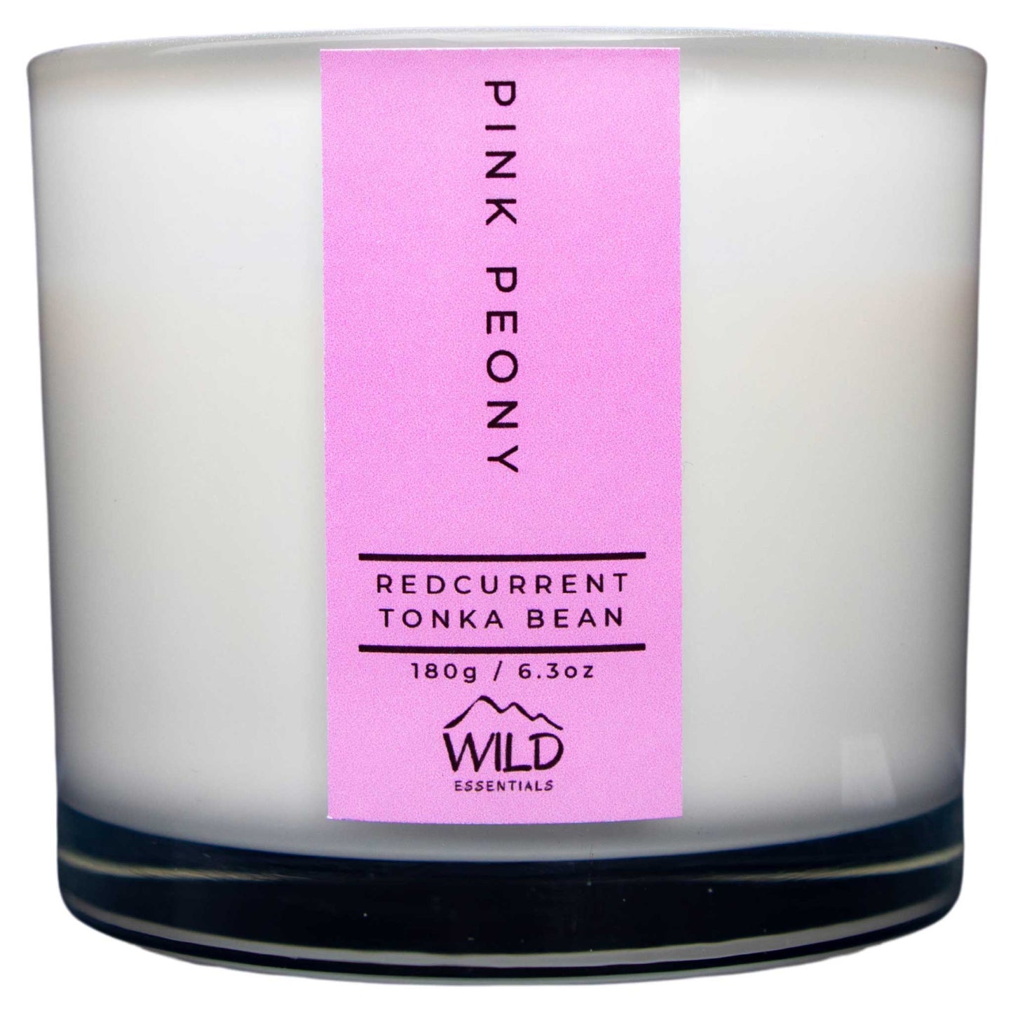 Photograph of the Luxurious Pink Peony Aromatherapy Candle by Wild Essentials with scents of Redcurrant and Tonka Bean.