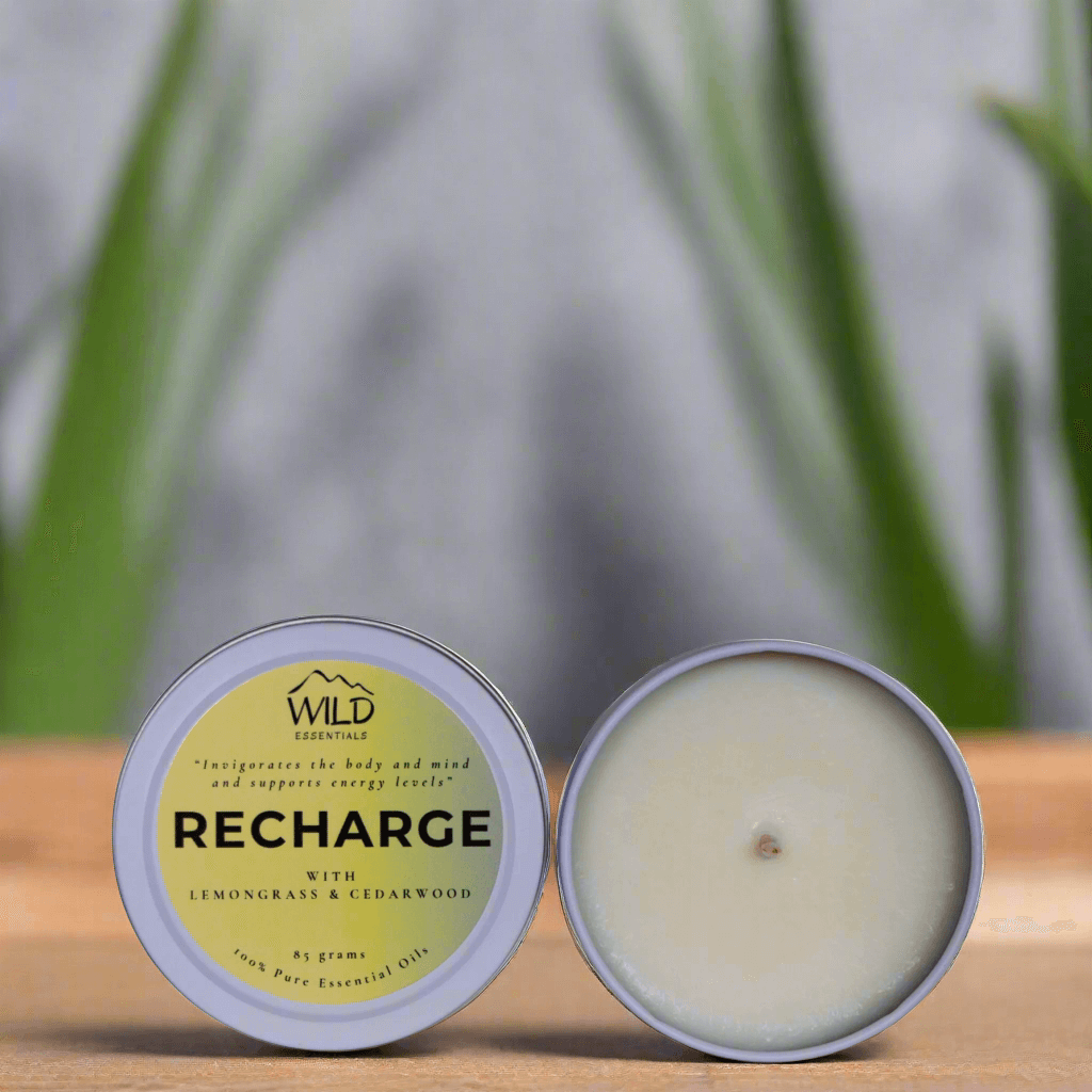Photo of the RECHARGE candle from Wild Essentials with essential oils of Lemongrass & Cedarwood