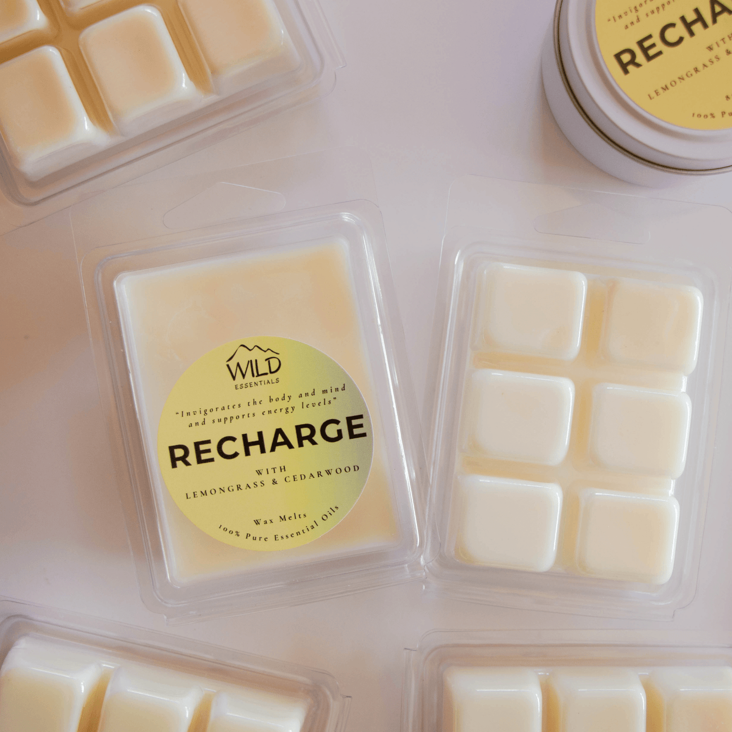 Photo of the RECHARGE wax melts from Wild Essentials with essential oils of Lemongrass & Cedarwood