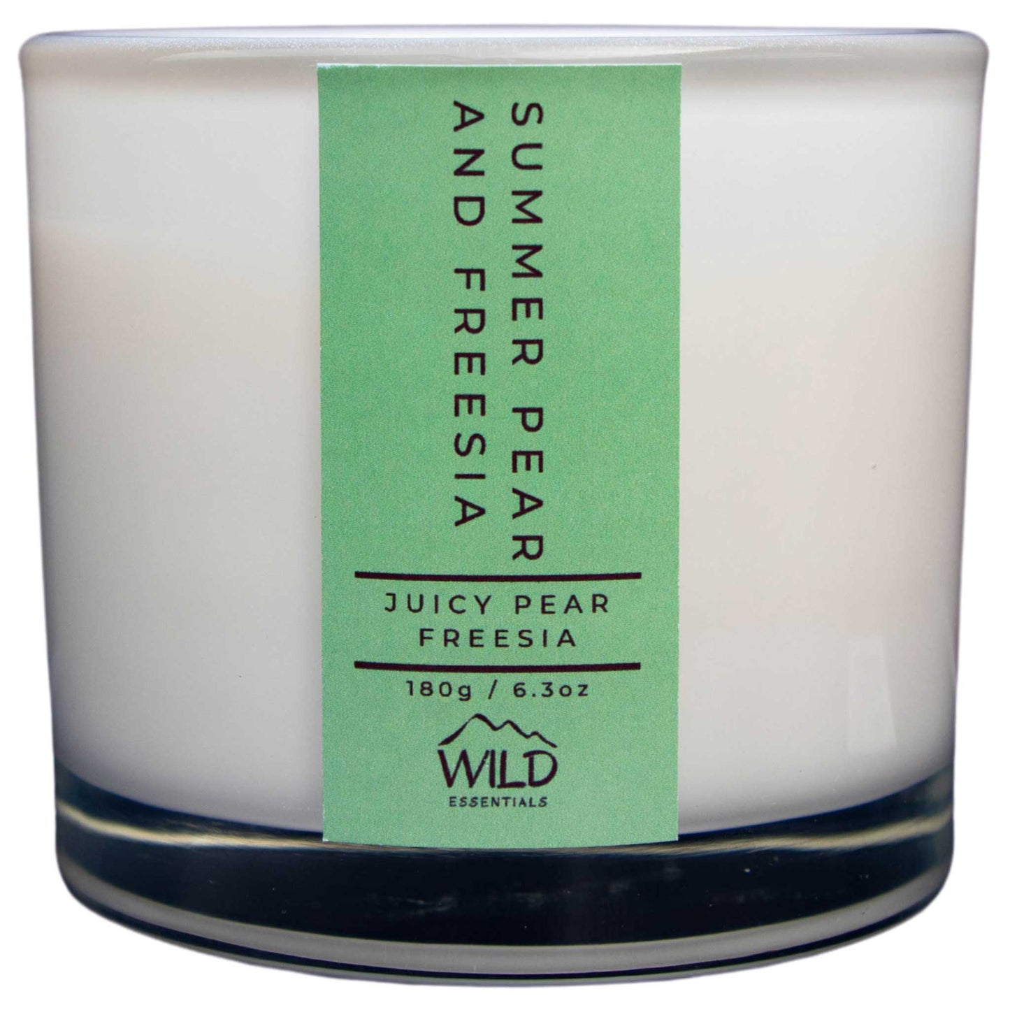 Photograph of the Luxurious Summer Pear & Freesia Aromatherapy Candle by Wild Essentials with scents of Juicy Pear and Freesia.
