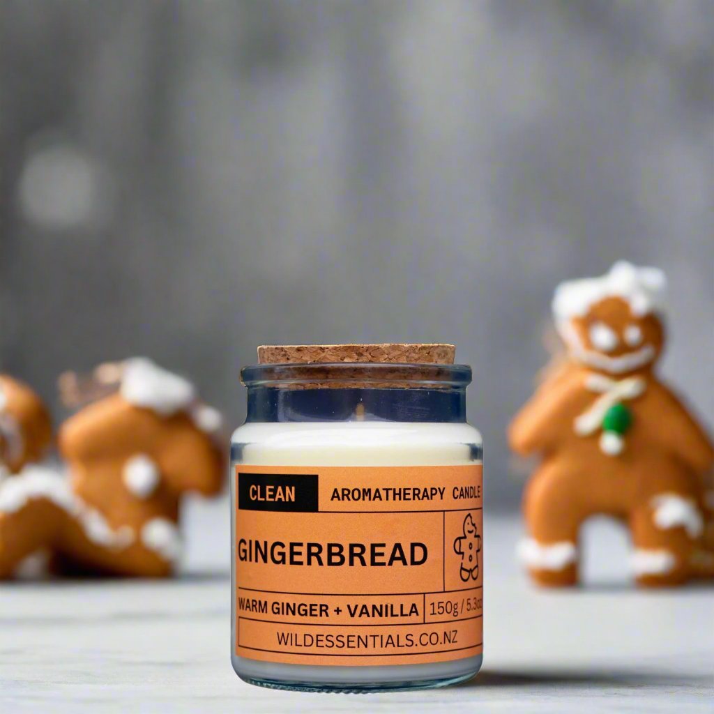 Photograph of the Gingerbread Aromatherapy Candle by Wild Essentials with scents of warm Ginger and Vanilla with background.