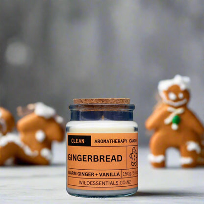Photograph of the Gingerbread Aromatherapy Candle by Wild Essentials with scents of warm Ginger and Vanilla with background.