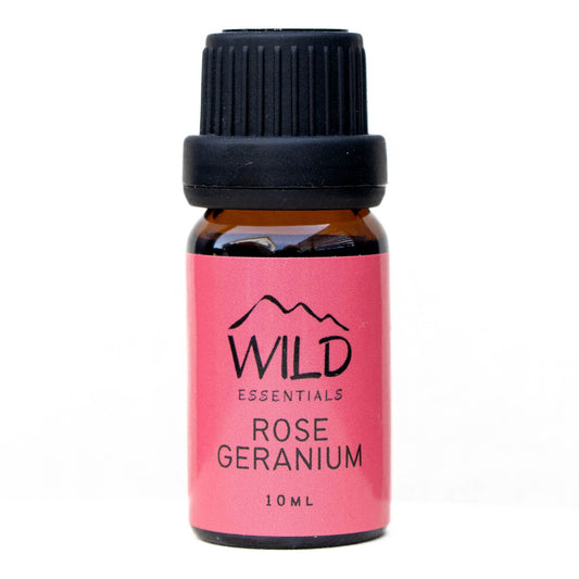 Photo of a 10ml bottle of Rose Geranium Essential Oil from Wild Essentials