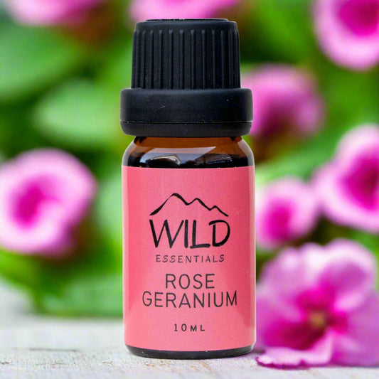 Photo of a 10ml bottle of Rose Geranium Essential Oil from Wild Essentials