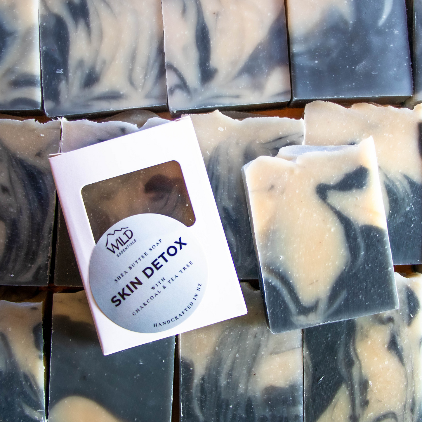 Photo of the Skin Detox Bar Soap with Charcoal & Tea Tree Essential Oil, handcrafted by Wild Essentials. 