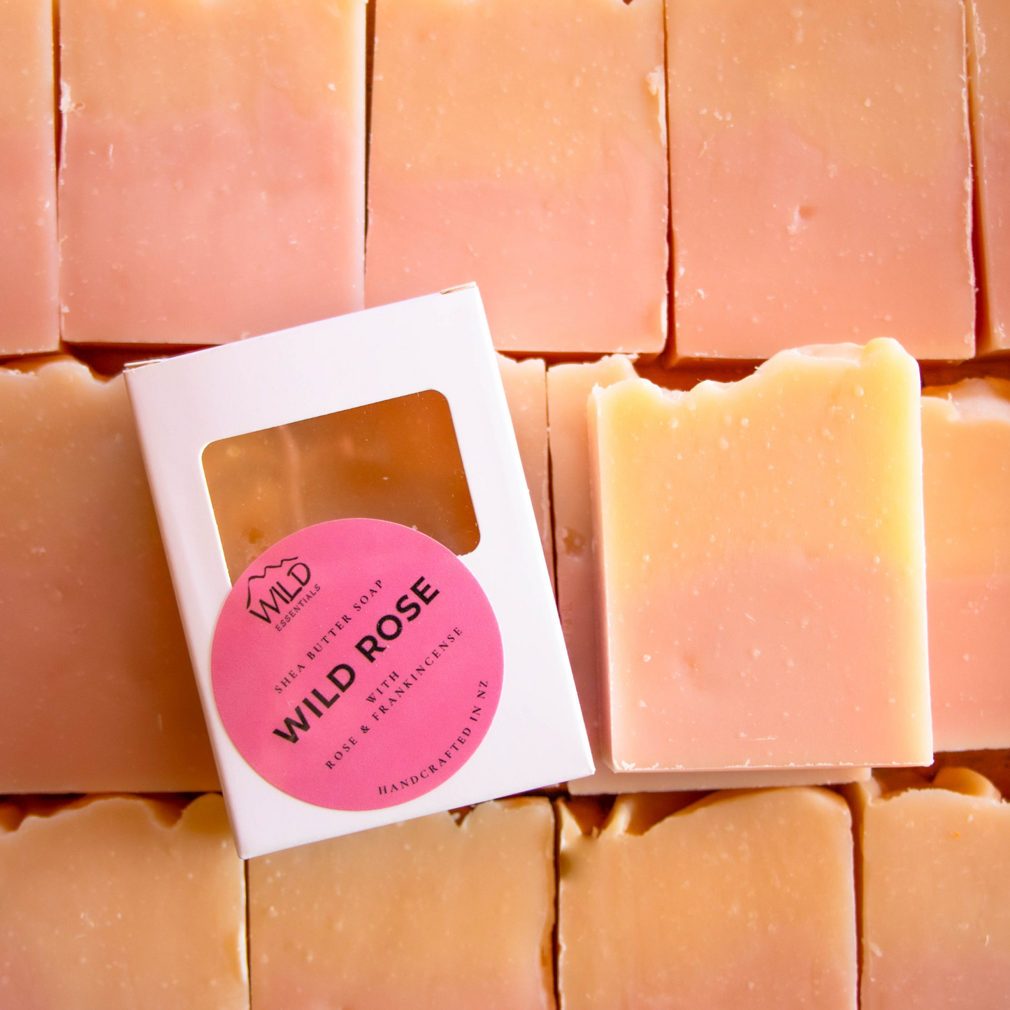 Photo of the Wild Rose Bar Soap with Rose & Frankincense Essential Oils, handcrafted by Wild Essentials. 